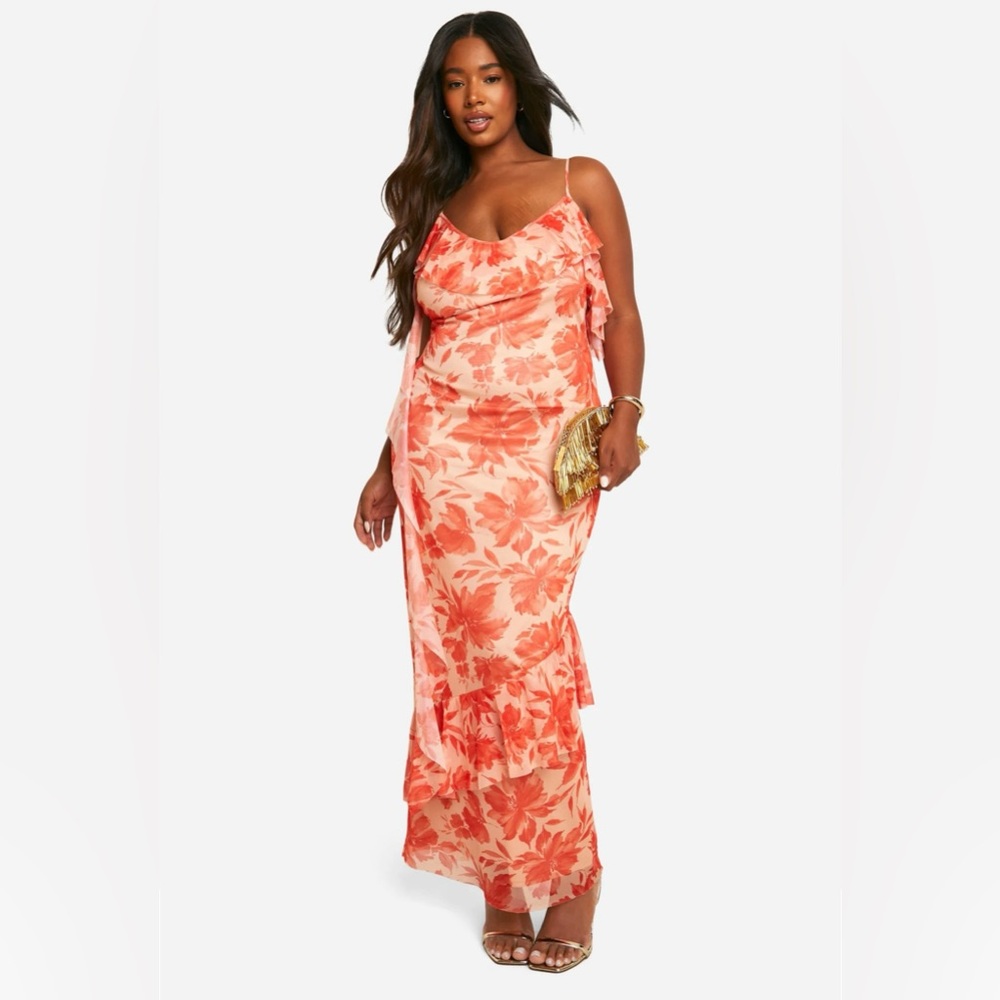 Boohoo Peach and Coral Mesh Ruffle Maxi Dress